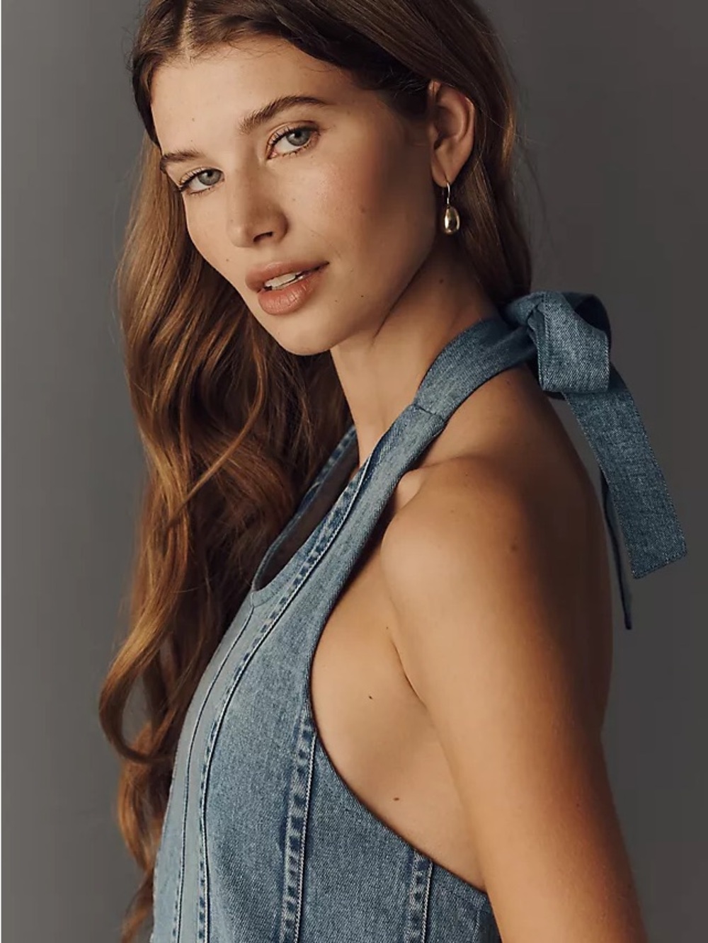 Maeve Denim Halter Shift Dress with White Floral Embroidery - Blue - Picture 4 of 4